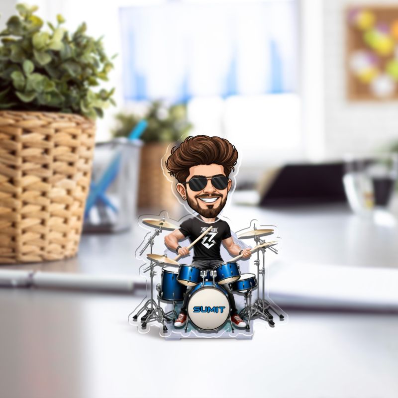 Personalized Drummer Boy Bobblehead Caricature, Custom with Photo Cartoon Face Cutout & Name Solar Powered Moving Head for Tabletop Decor Gift for Music Lover